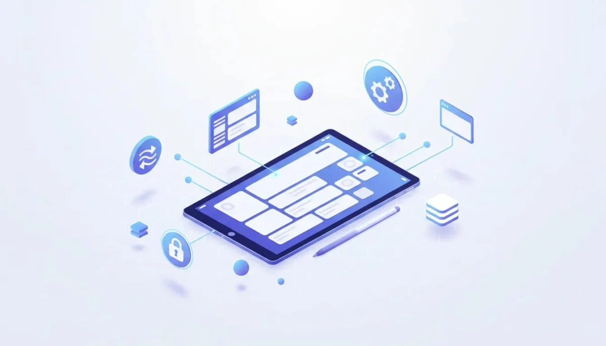 Abstract illustration of a no-code AI app builder concept with connected workflow nodes and dashboard tiles on a laptop, representing building AI apps and automations quickly