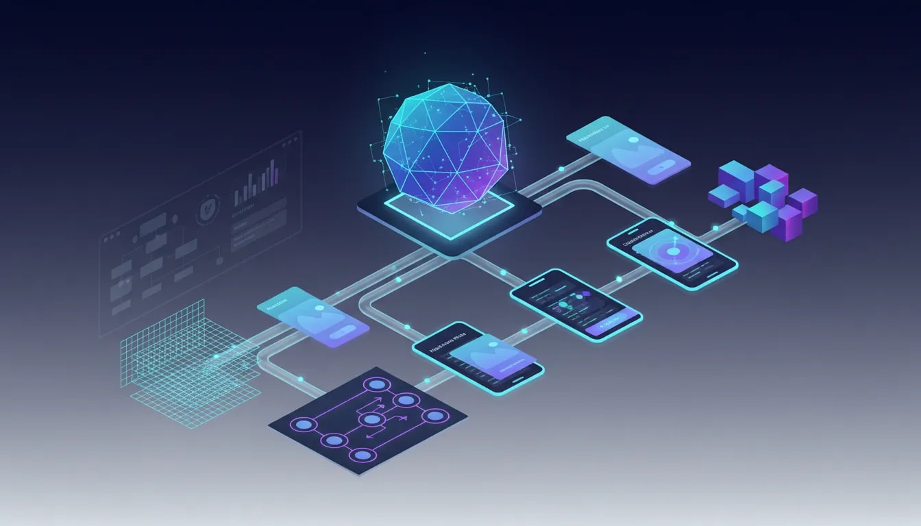 Illustration of an AI design system transforming an app concept into wireframes, UI screens, user flows, prototypes, and code components without any text.