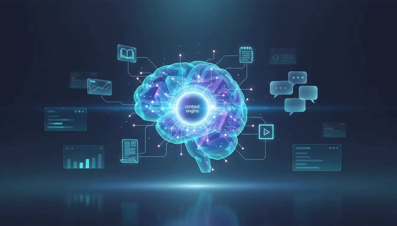Futuristic visual metaphor of an AI context engine with connected memory layers and knowledge sources feeding a central core, shown with abstract chat bubbles and glowing nodes—no text.
