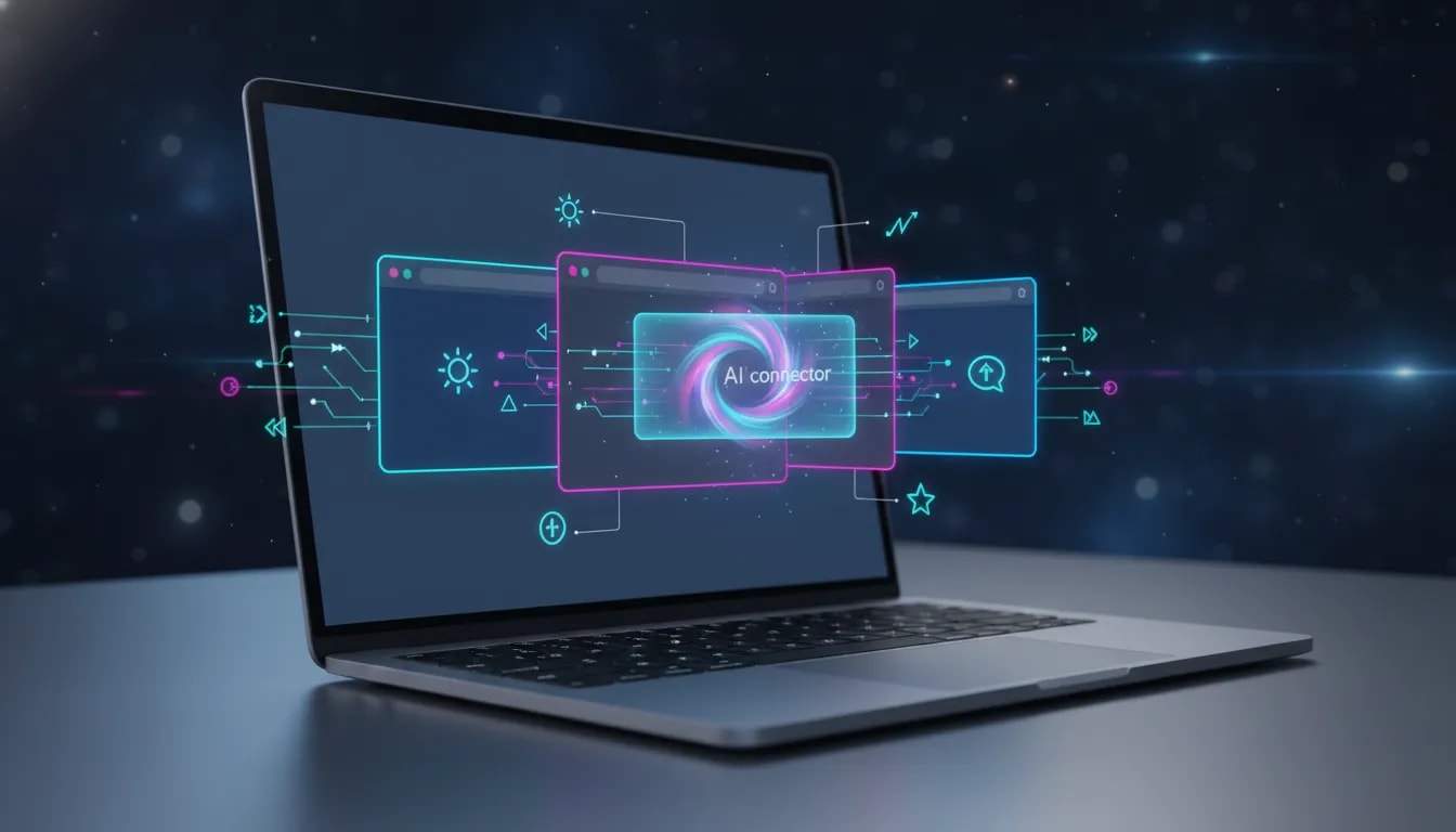 Illustration of an AI layer connecting browser tabs and workflows to reduce context switching and improve productivity in Chrome-style interface