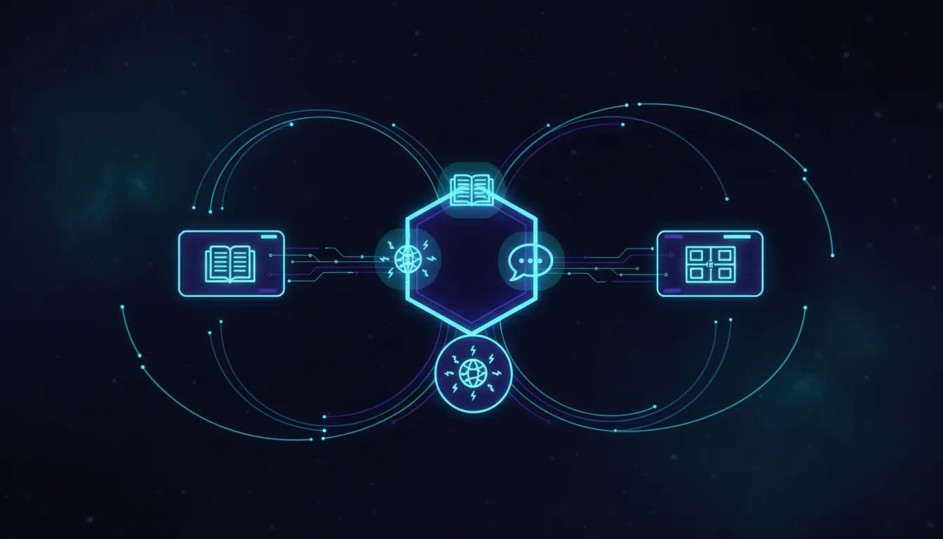 Futuristic illustration showing AI tools and documents connected to automation and app prototype workflows using glowing icons and circuitry, with no text.