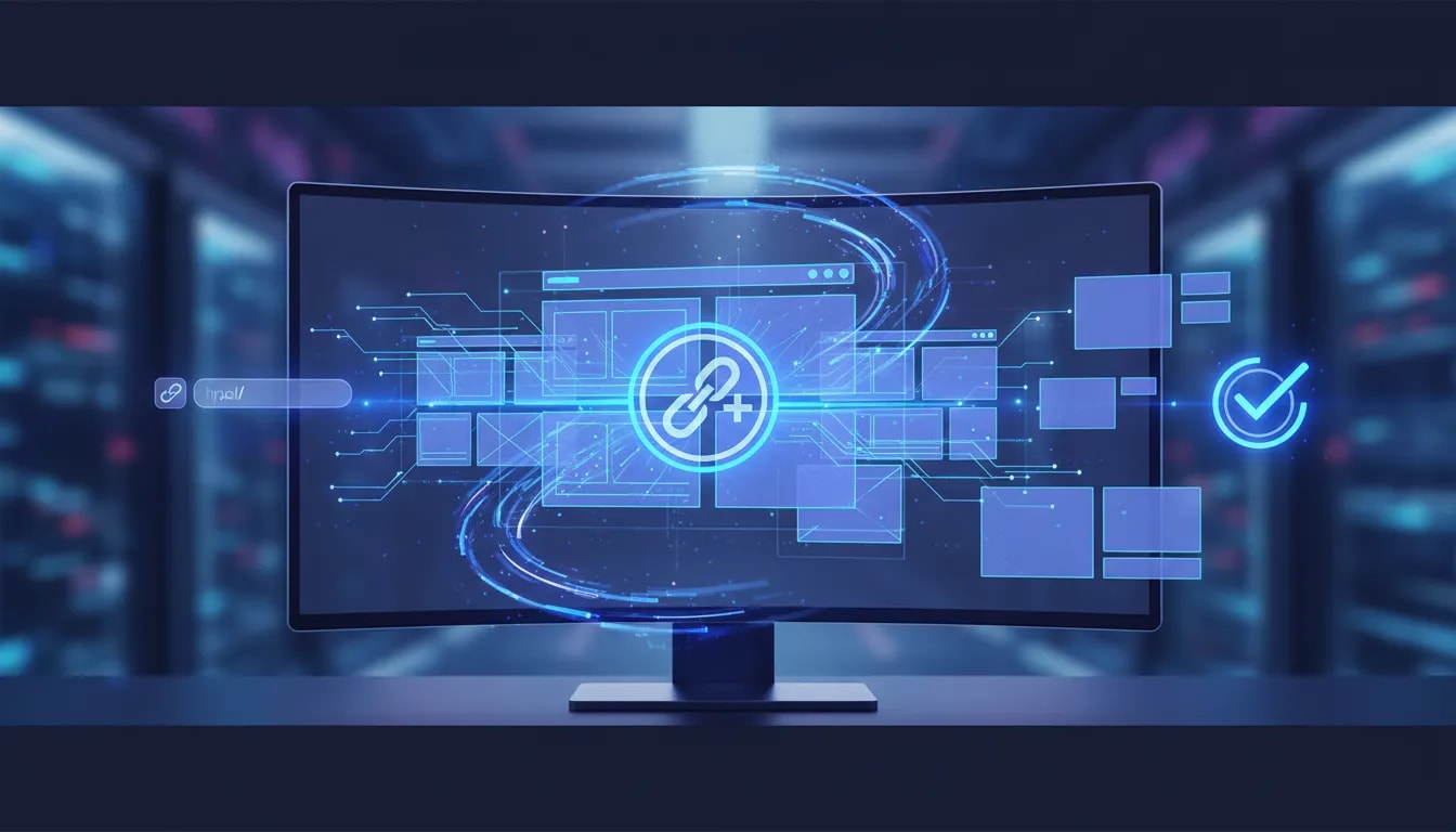 Futuristic AI visual showing a website layout being cloned and generated instantly on a computer screen, with glowing circuitry and publishing-style icons, no text.