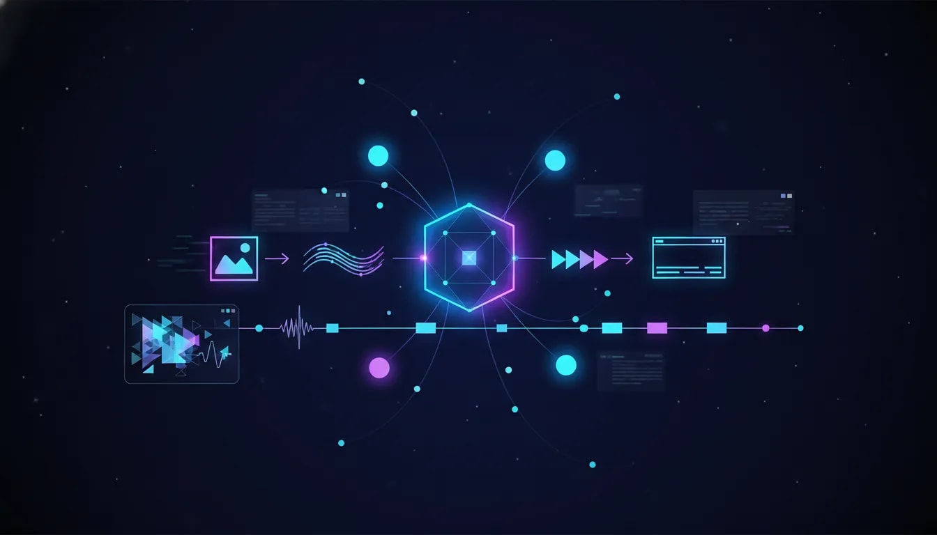 Futuristic all-in-one AI studio concept showing a central hub that turns an image into video, ads, and multi-scene story clips with orbiting model nodes and a connected editing timeline, no text.