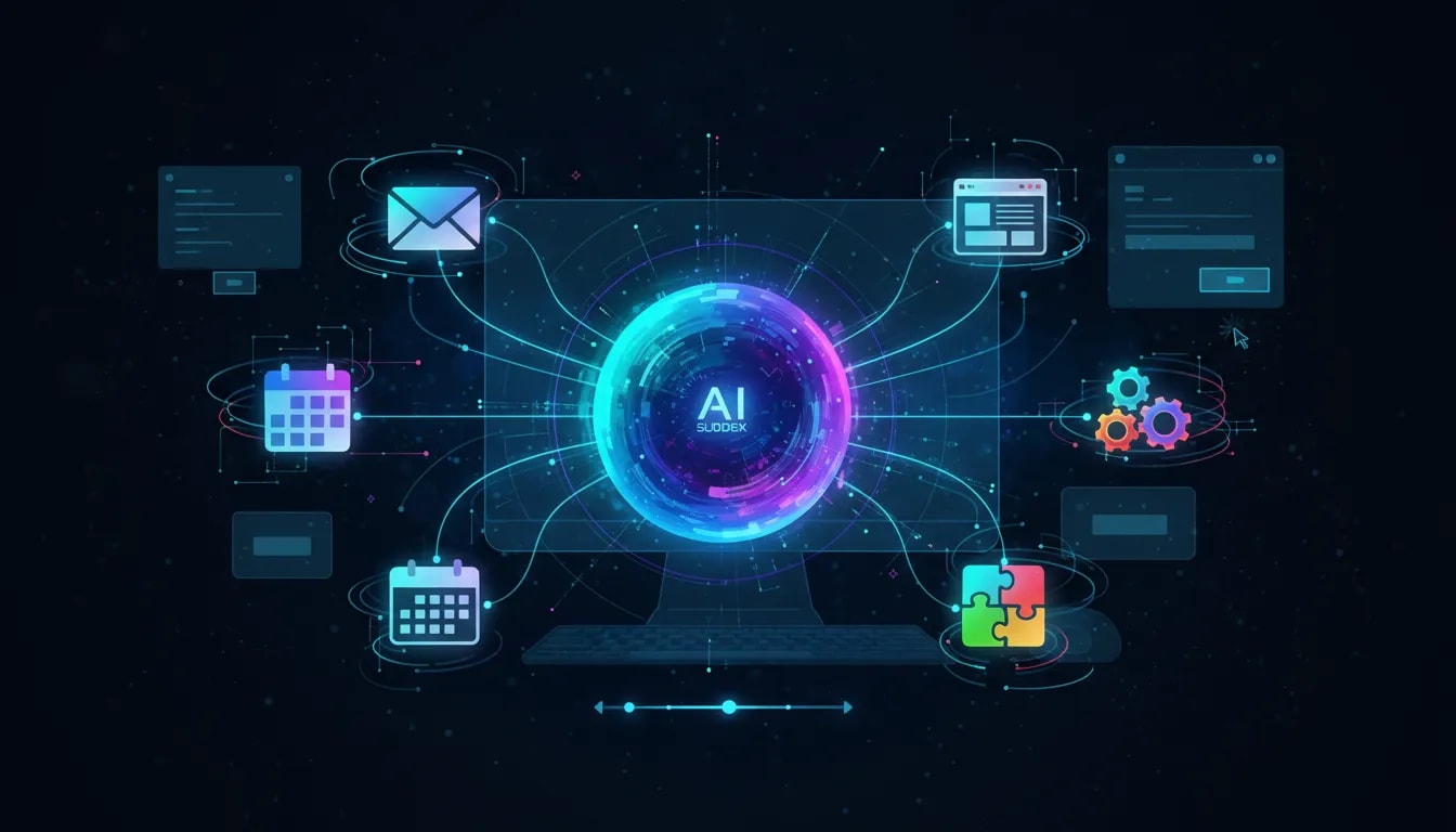 Futuristic illustration of an AI core connected to automation and app icons, representing Codex turning ChatGPT into a real automation hub.