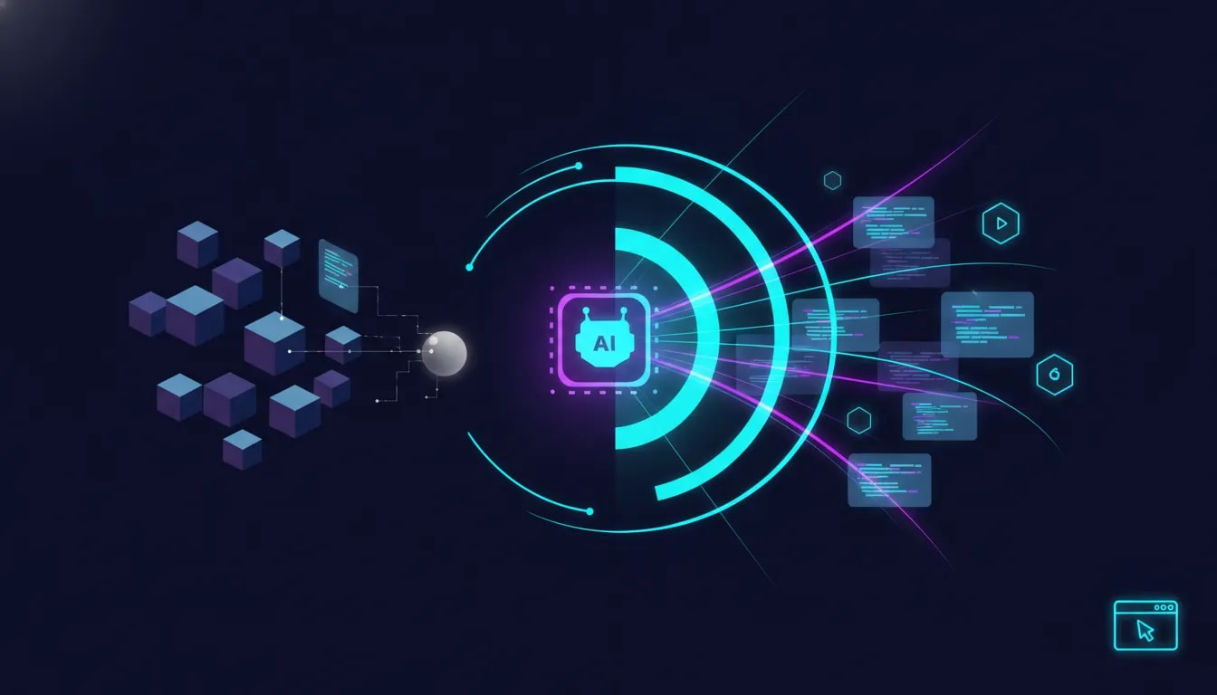 Futuristic illustration of a free AI coding agent accelerating website development with glowing code and browser testing icons, no text