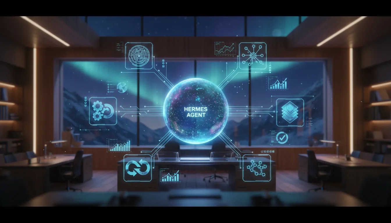 Futuristic holographic AI agent network illustrating an automated system that builds, tests, iterates, and coordinates tasks without any text.