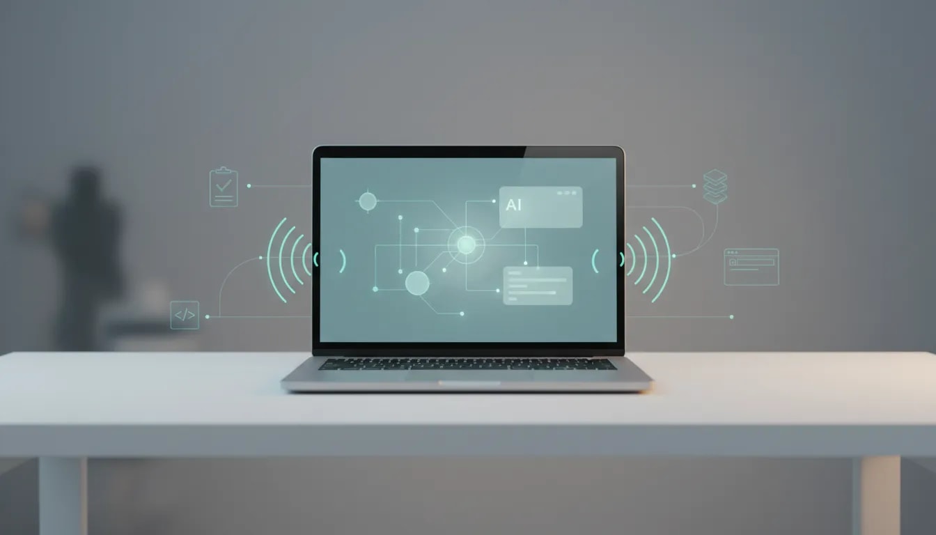 Illustration of a modern laptop with an abstract AI interface and glowing sound-wave signals, representing Gemini desktop upgrade, speech features, and workflow automation.