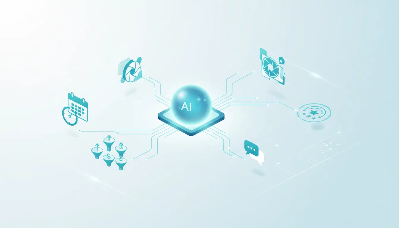 Futuristic AI workflow illustration showing GoHighLevel-style automation replacing manual business tasks for leads, appointments, funnels, bots, creative assets, and reputation management.