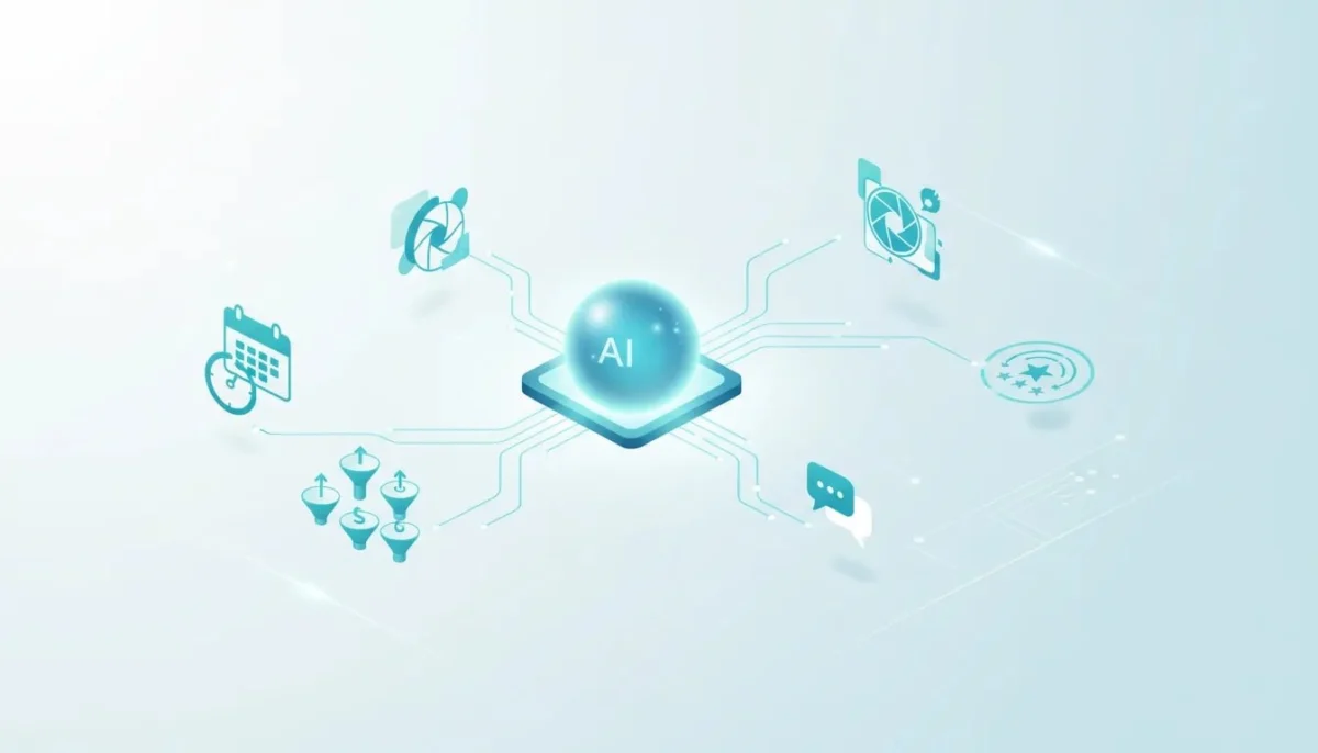 Futuristic AI workflow illustration showing GoHighLevel-style automation replacing manual business tasks for leads, appointments, funnels, bots, creative assets, and reputation management.