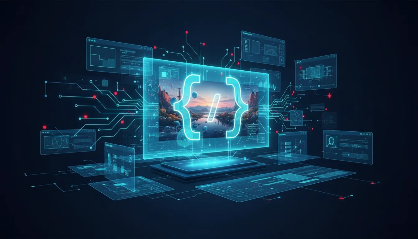 Futuristic holographic UI and blueprint-style illustration representing GPT Image 2 and the shift toward AI-generated interfaces and development workflows, with no text.