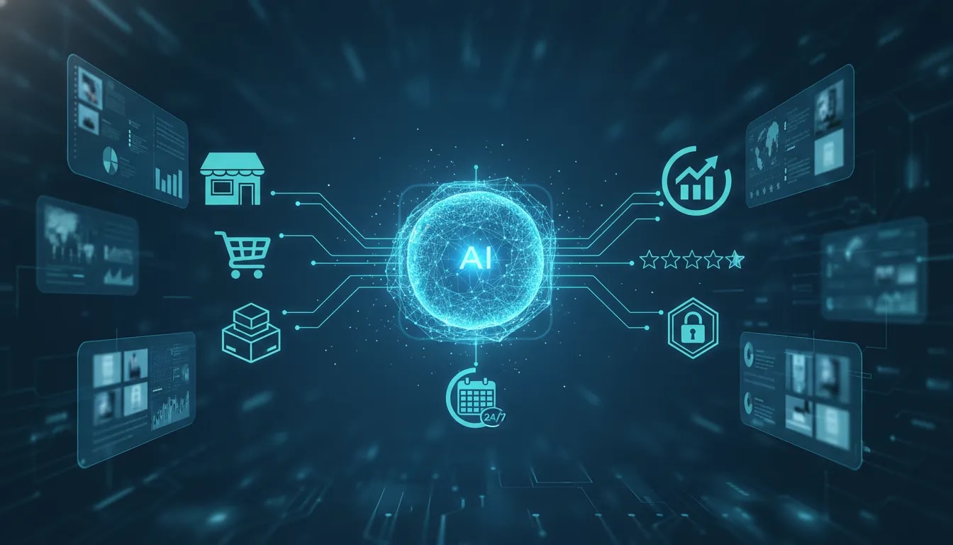 Futuristic AI agent core connected to e-commerce workflows like product research, competitor analysis, listing optimization, reviews, IP risk checks, and 24/7 monitoring