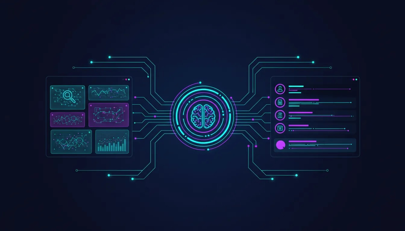 Futuristic AI automation dashboard connected to a live social media data feed, showing flowing network data for monitoring brand mentions and discussions