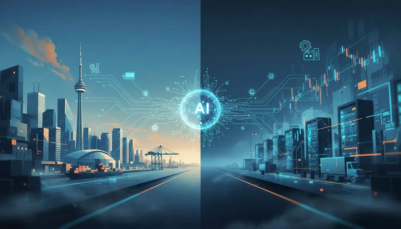 Futuristic editorial illustration showing an AI core powering glowing data pathways into finance and industry infrastructure with a Canadian-inspired cityscape, symbolizing real-world AI deployment.