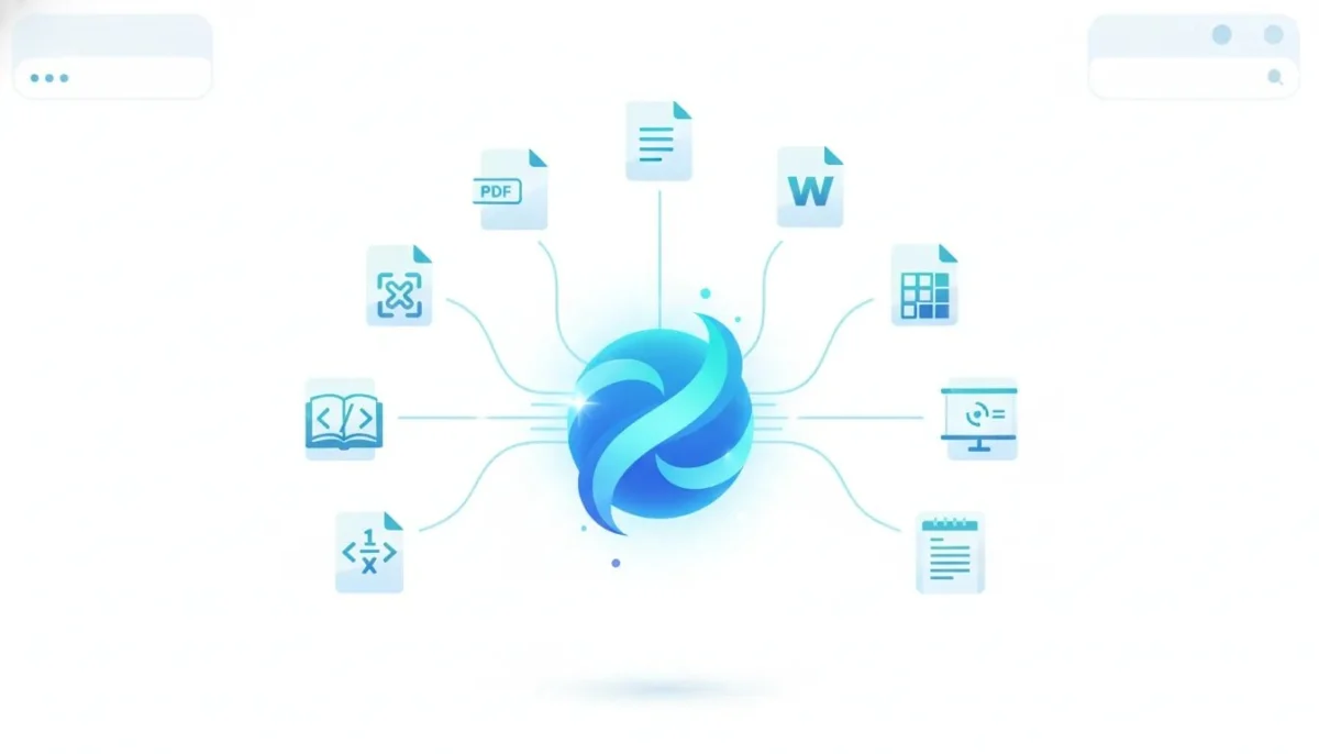 Illustration of an AI assistant generating multiple document file types from a central interface, shown through floating icons with no text.