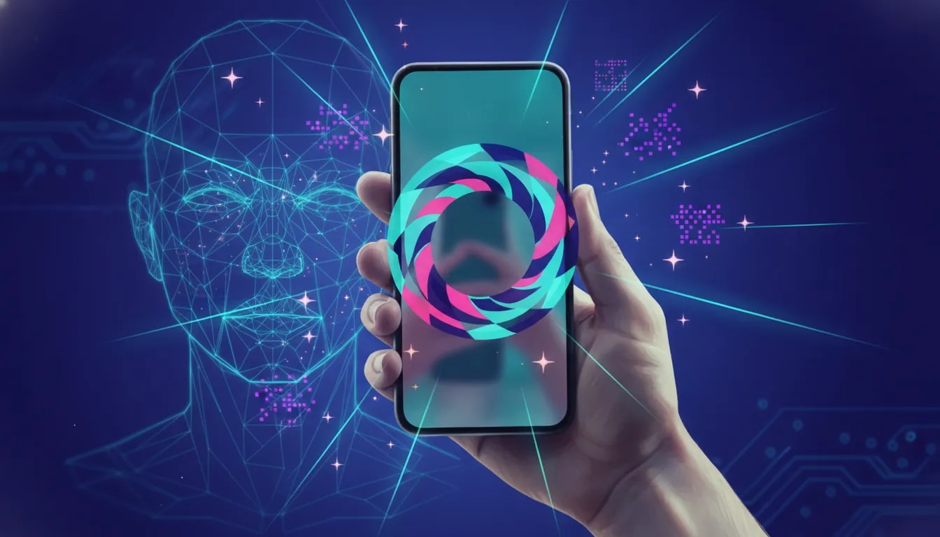 Abstract editorial illustration of a smartphone displaying an AI face-rating style gauge and scanning light effects, symbolizing the viral “rate my face” trend without text.