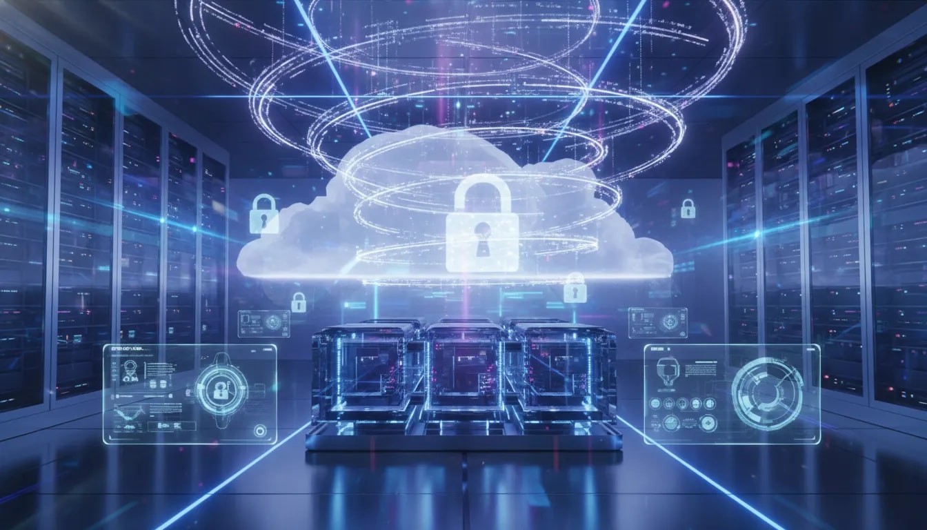 Futuristic AI supercomputer in a secure cloud server environment with holographic circuitry and privacy-focused light-lock motifs, showing always-on automation control.