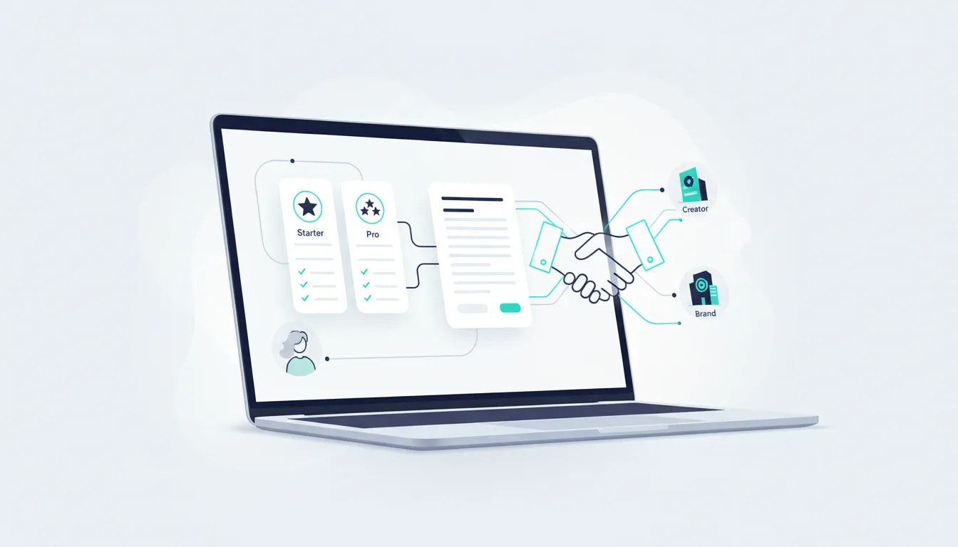 Abstract illustration of a small creator using an AI-powered estimate and organized sponsorship package to connect with a brand, shown through clean panels, flowing connection lines, and a handshake.