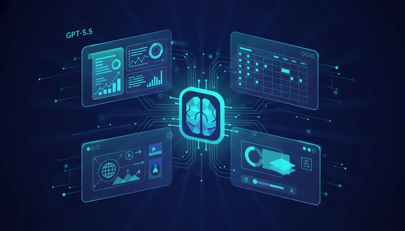 Illustration of an AI core surrounded by icon panels representing GPT upgrades, spreadsheet tools, ad campaigns, and image editing with glowing high-tech accents