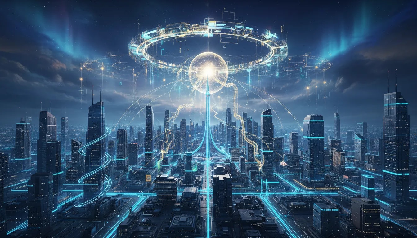 Futuristic Canadian cityscape with holographic neural networks and a glowing countdown-like ring suggesting an approaching AI transformation, rendered without text.