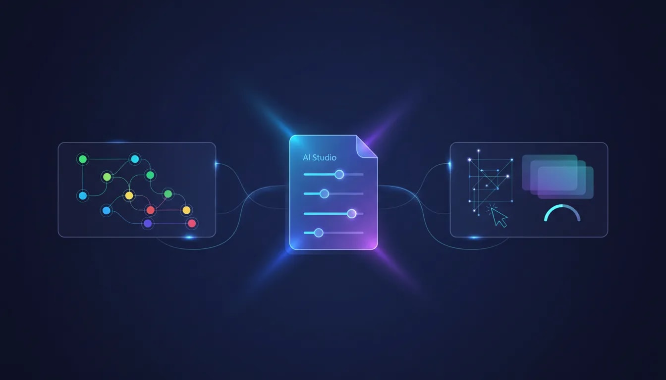 Illustration of an AI workflow combining a glowing notebook, a mind map concept, an AI studio editing workspace, and document creation—no text present.