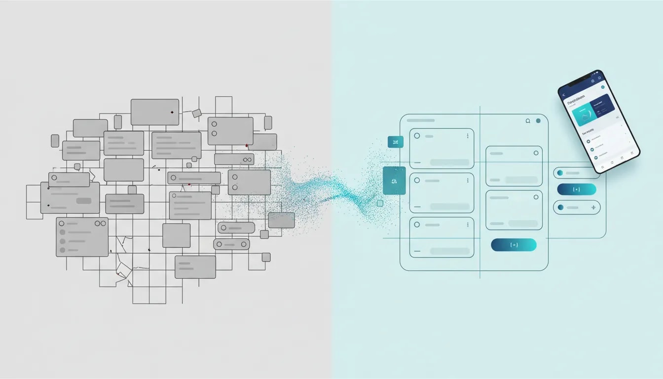 Split-screen illustration showing an outdated generic AI wireframe workflow versus a polished, context-aware AI design agent producing clean UI/UX layouts