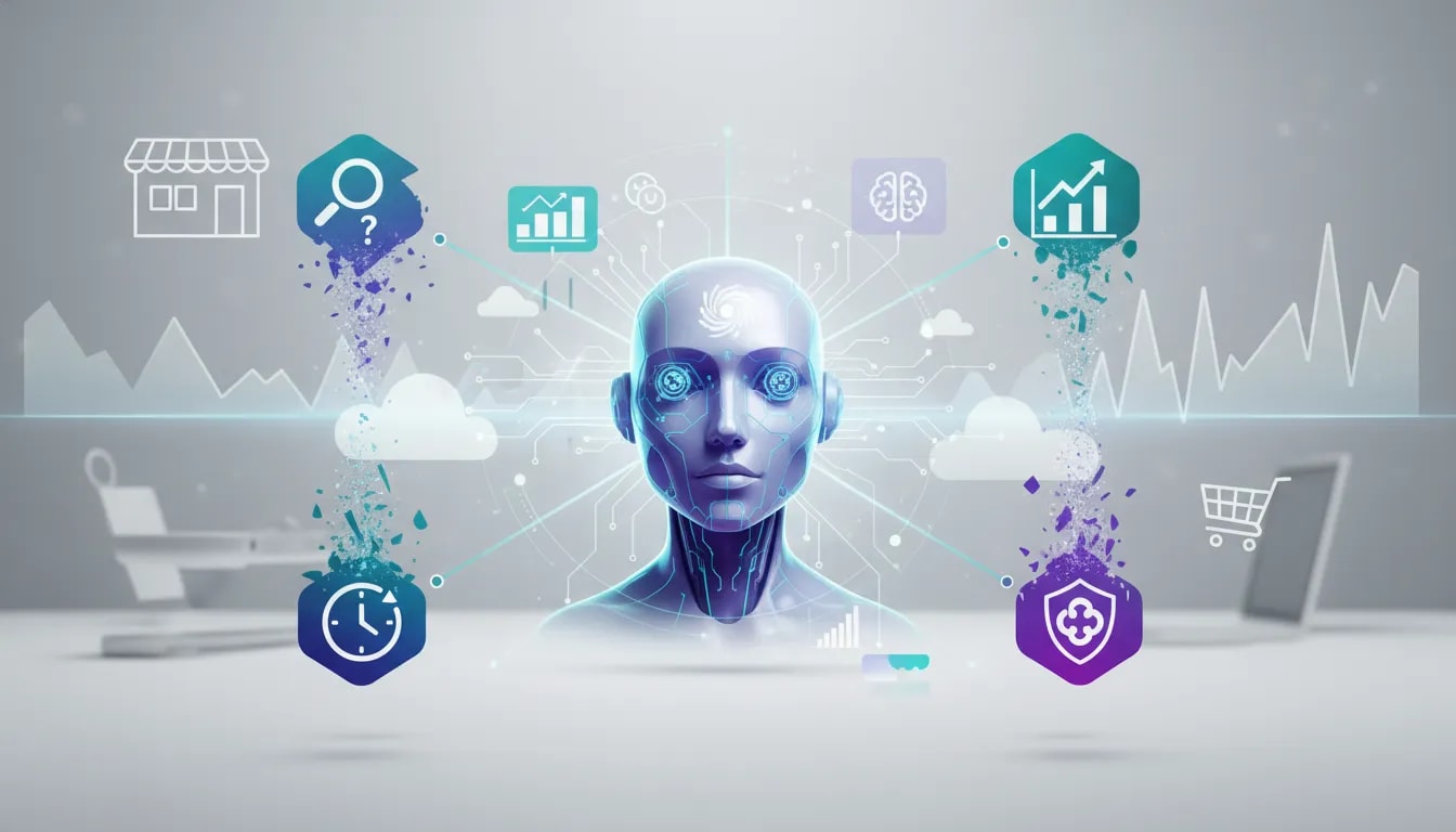 Futuristic illustration showing multiple disconnected e-commerce research and analytics tools fading into a single glowing AI agent that centralizes automation via light and circuit connections.