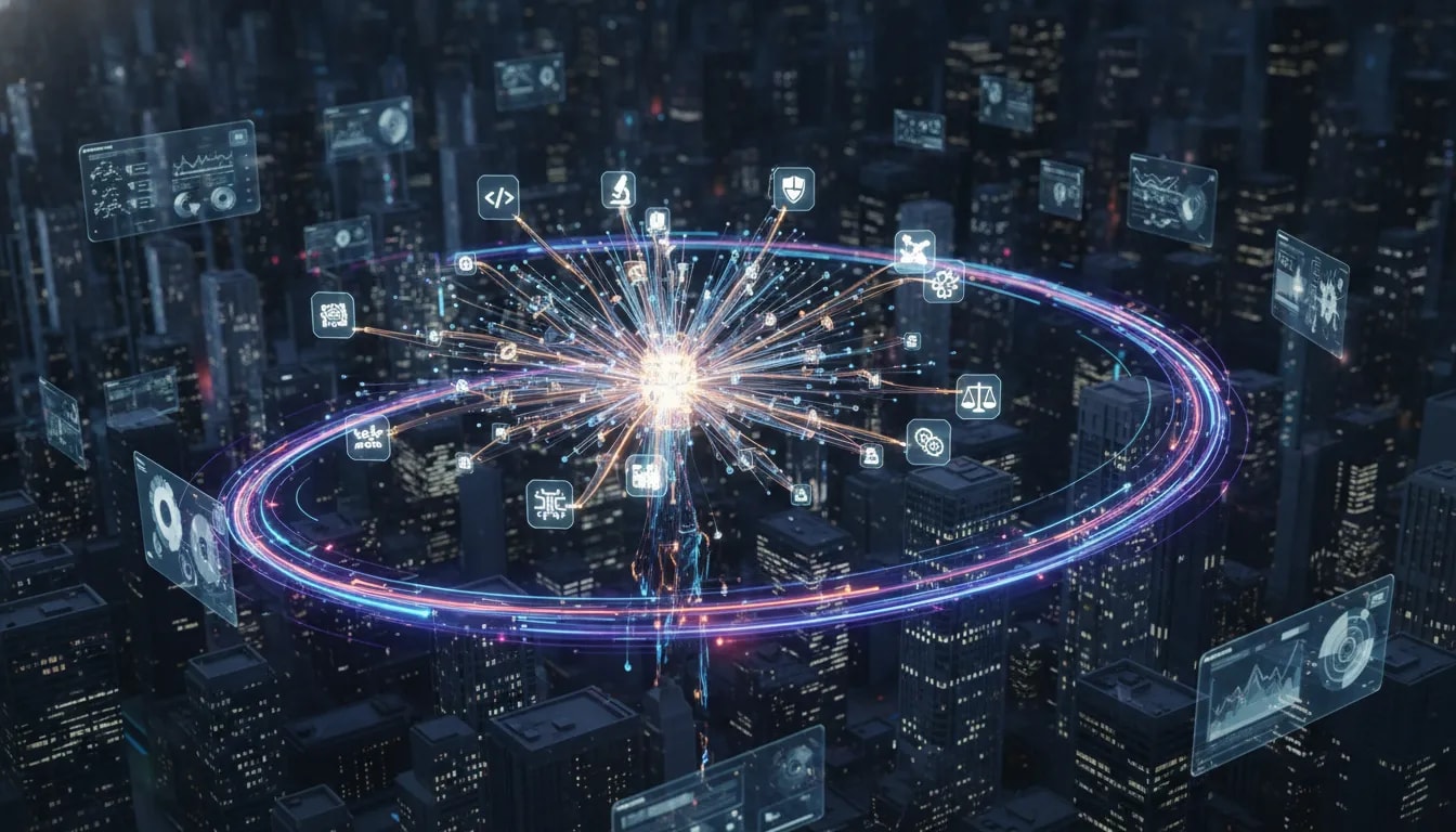 Cinematic wordless illustration of advanced Claude AI models as a glowing neural core powering autonomous business workflow connections across coding, research, security, and tools.