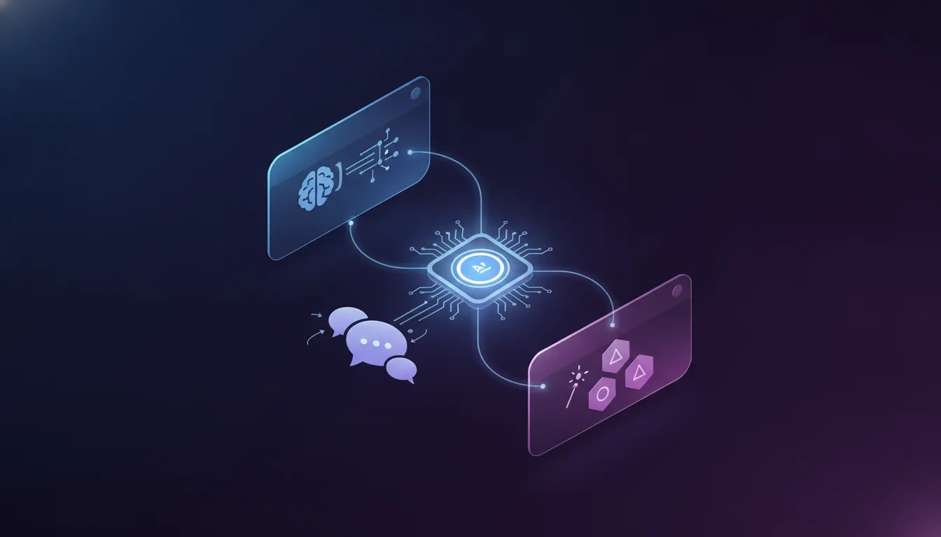 Illustration showing an AI assistant improved by three settings: memory import, transferring chat context, and using a prompt assistant to create reusable shortcuts