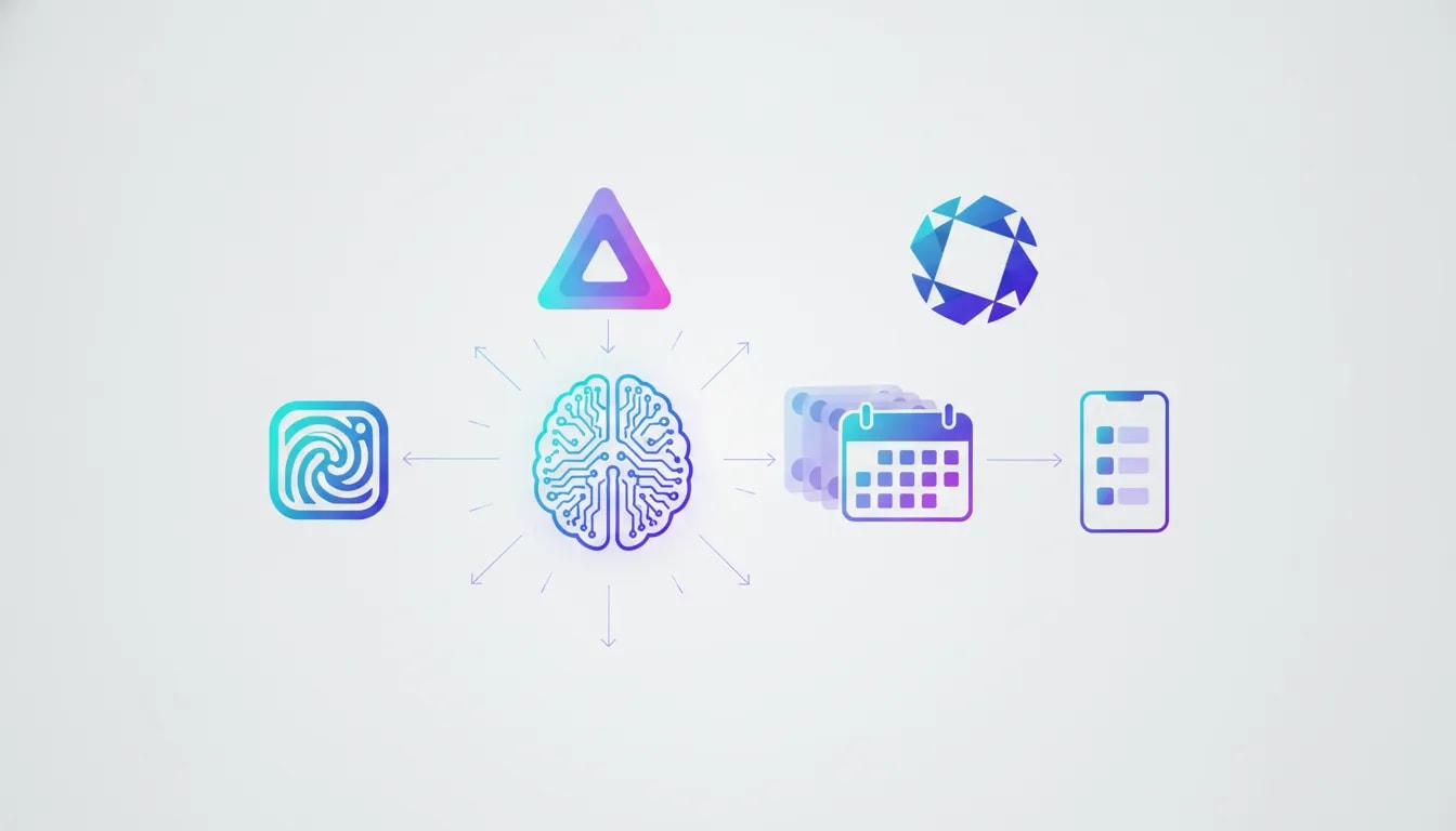 AI hub automating the creation and scheduling of social media carousel posts with connected panels and a calendar interface, no text.
