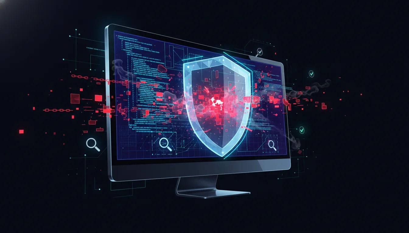 Futuristic illustration showing an AI coding screen with red leak warnings blocked by a glowing security shield, representing fixing sensitive data exposure in coding agents.