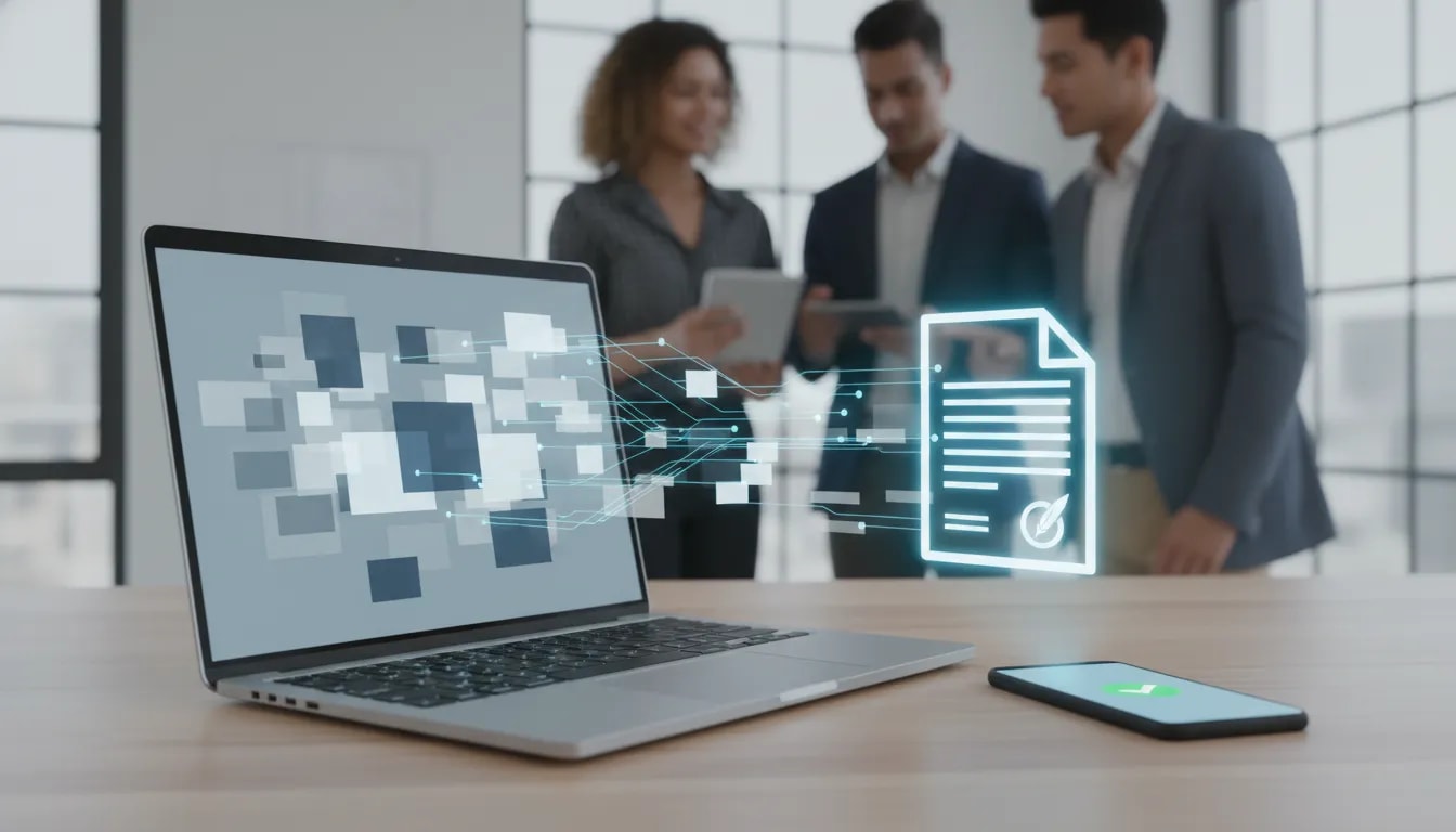 A photorealistic scene of an AI contract generator concept with a laptop and holographic contract panels forming quickly on a modern desk, representing fast agreement creation for creators and small businesses.