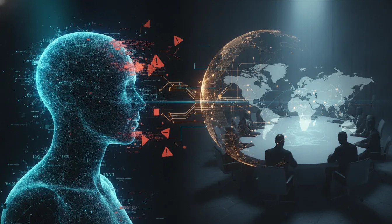 Cinematic illustration of an AI model being disrupted amid network glitches, geopolitical hints, and corporate tension with no text.