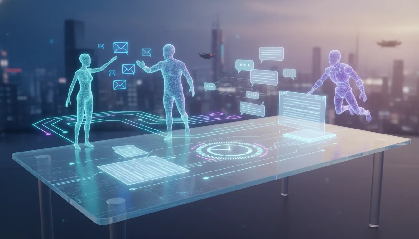 Futuristic illustration of glowing AI employee avatars automating office tasks around the clock with automated workflow visuals, speech bubbles, documents, research grids, and data streams.