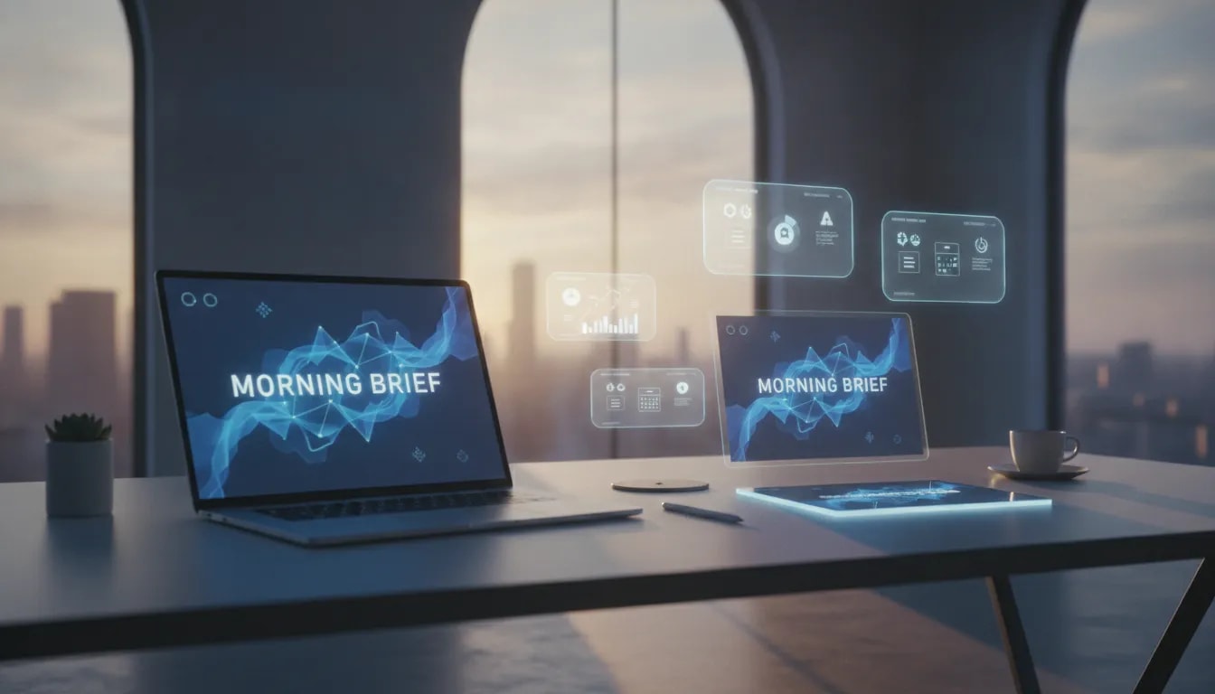 Cinematic image of an executive desk at dawn with holographic AI-style morning brief cards floating above a laptop, symbolizing an always-on AI assistant that prepares updates automatically.
