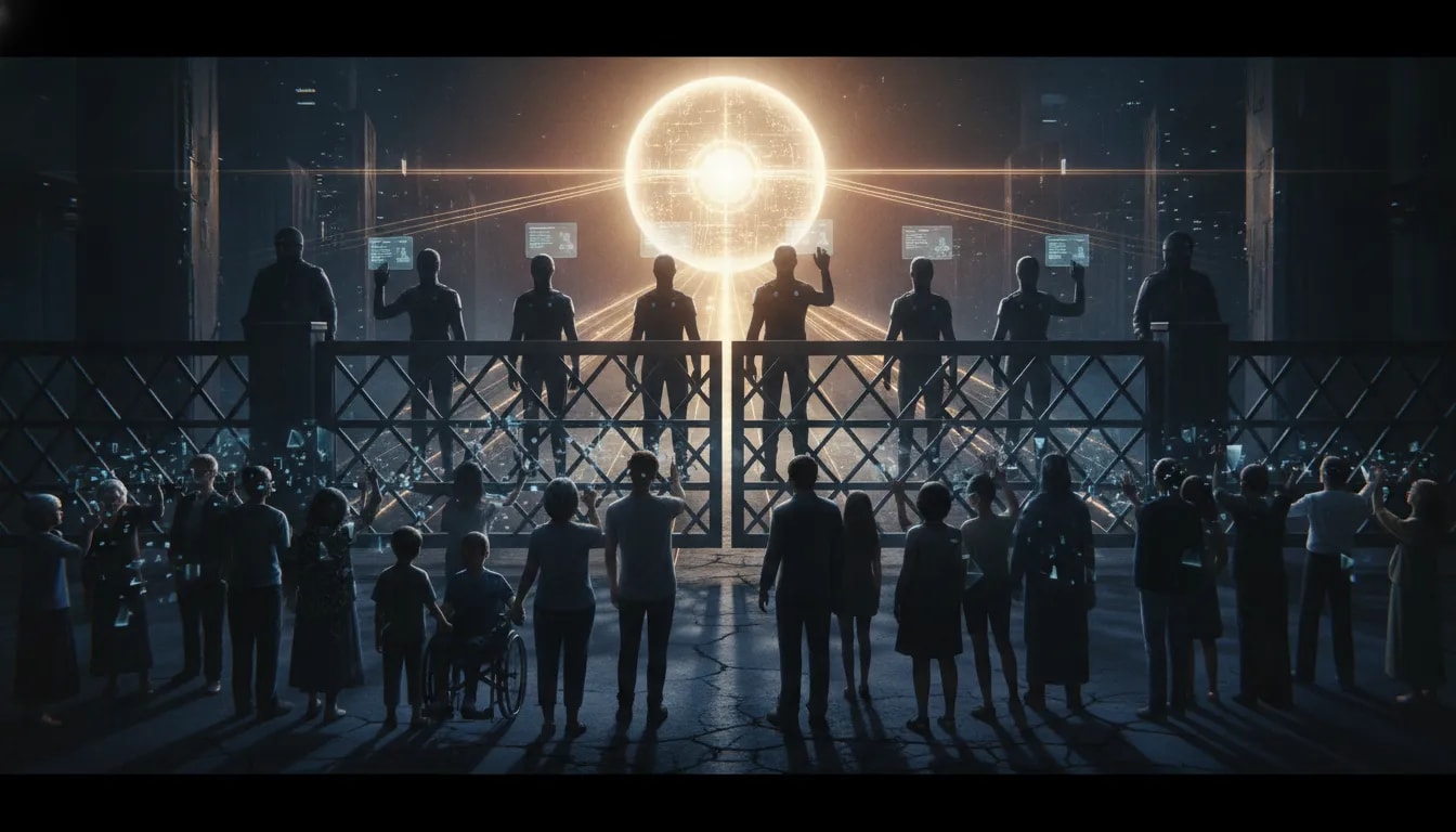 Futuristic city scene showing AI gatekeeping, where a glowing high-tech core is behind a locked barrier and a diverse group receives dim, limited holographic access while an authorized group has bright access