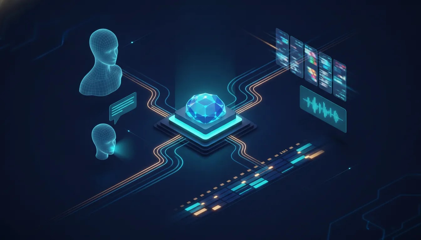 Futuristic illustration of an AI tool generating a complete faceless video workflow from connected content elements like video frames, music waveform, and a timeline, symbolizing faster channel growth and monetization.