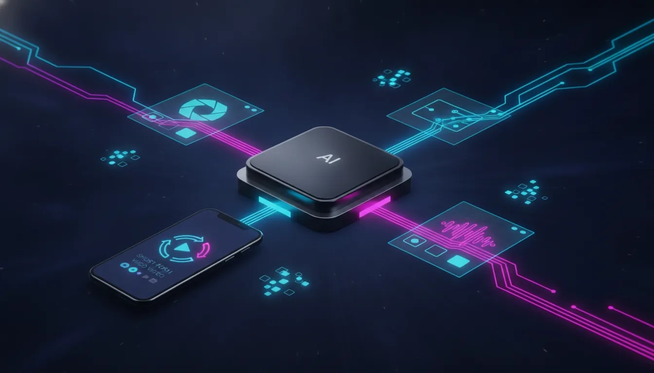 Neon tech illustration showing an AI hub generating and remixing short viral videos with connected workflow nodes on a smartphone screen, no text.