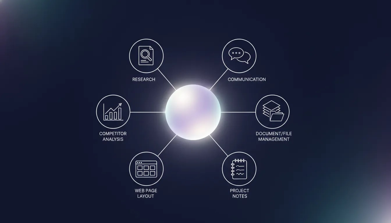 Illustration of a unified all-in-one AI workspace with multiple tool icons connecting to a central hub, showing research, competitive intelligence, builds, files, and collaboration in one system—no text.
