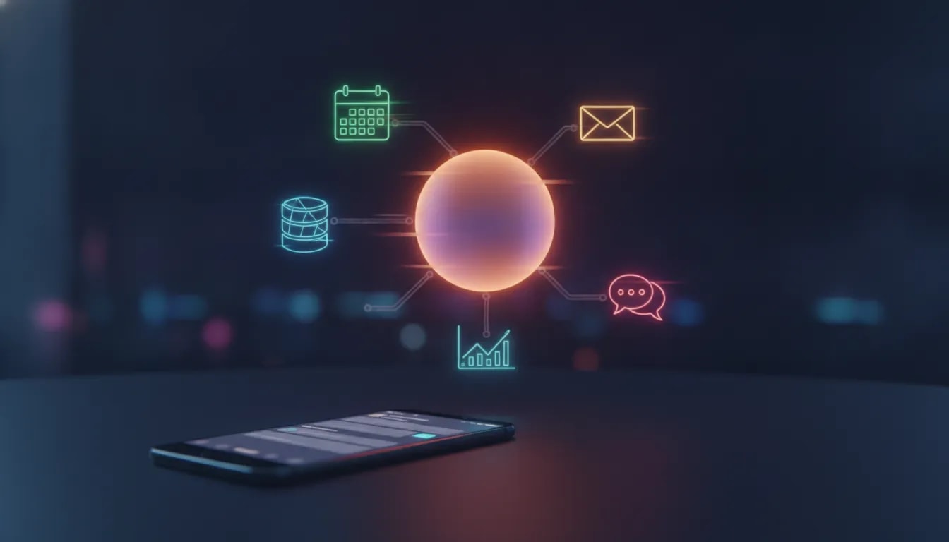 Futuristic illustration of an autonomous AI wingman agent connected to CRM, email, calendar, and analytics systems, with a smartphone chat interface showing tasks running at night.