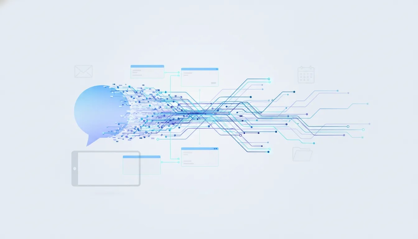 Abstract illustration of Google Gemini evolving into a connected AI workflow system with glowing automation pathways and UI-like elements, shown without any text.