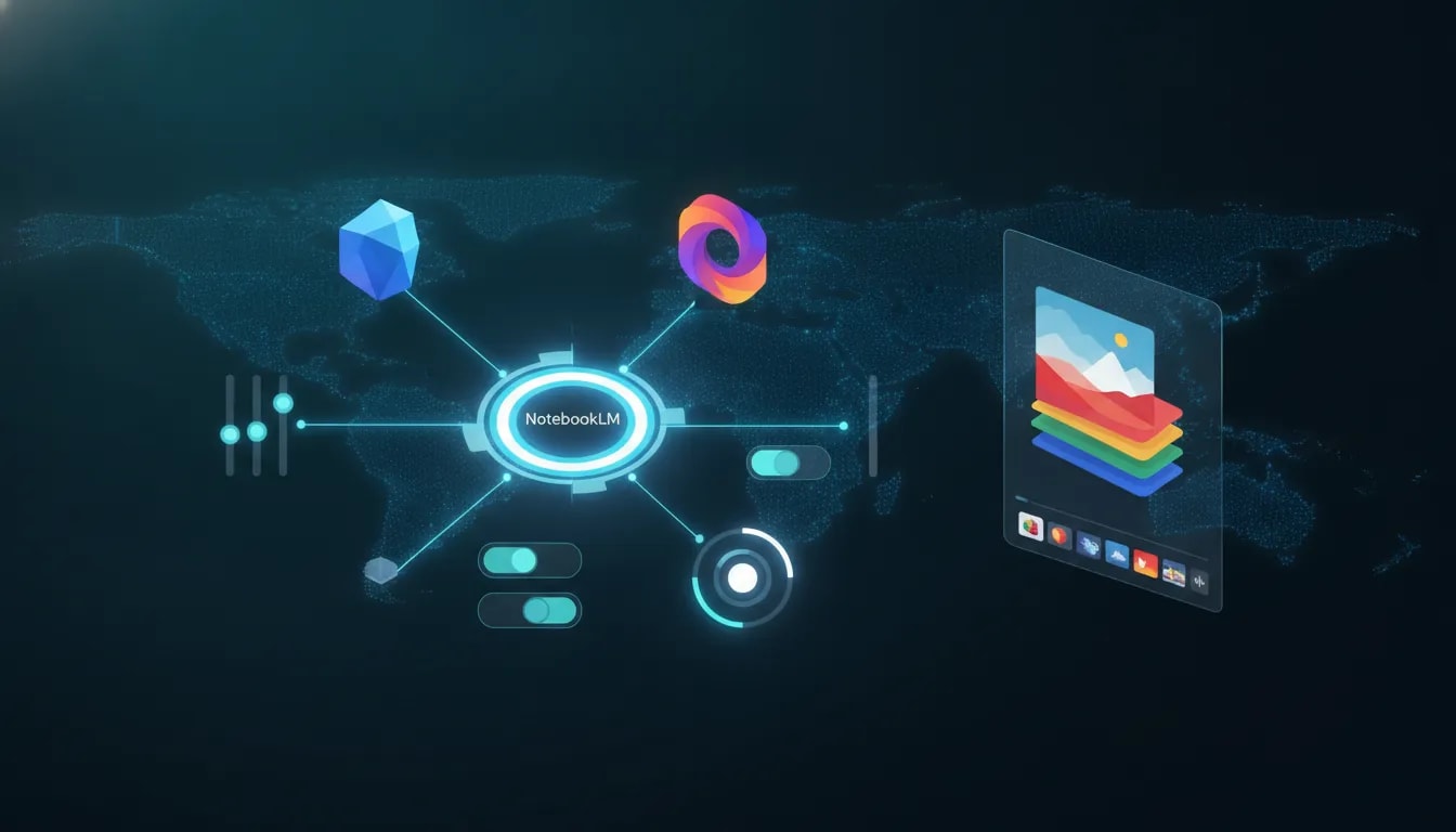 Futuristic AI workspace illustration showing connected Gemini and NotebookLM modules with glowing interactive controls, image generation preview, and geo-grounded visual elements (no text).