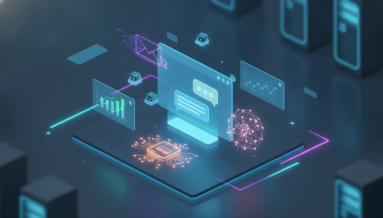 Futuristic holographic ChatGPT interface surrounded by icons symbolizing interactive charts, smarter emails, memory, cross-app search, and AI agents, with no text.