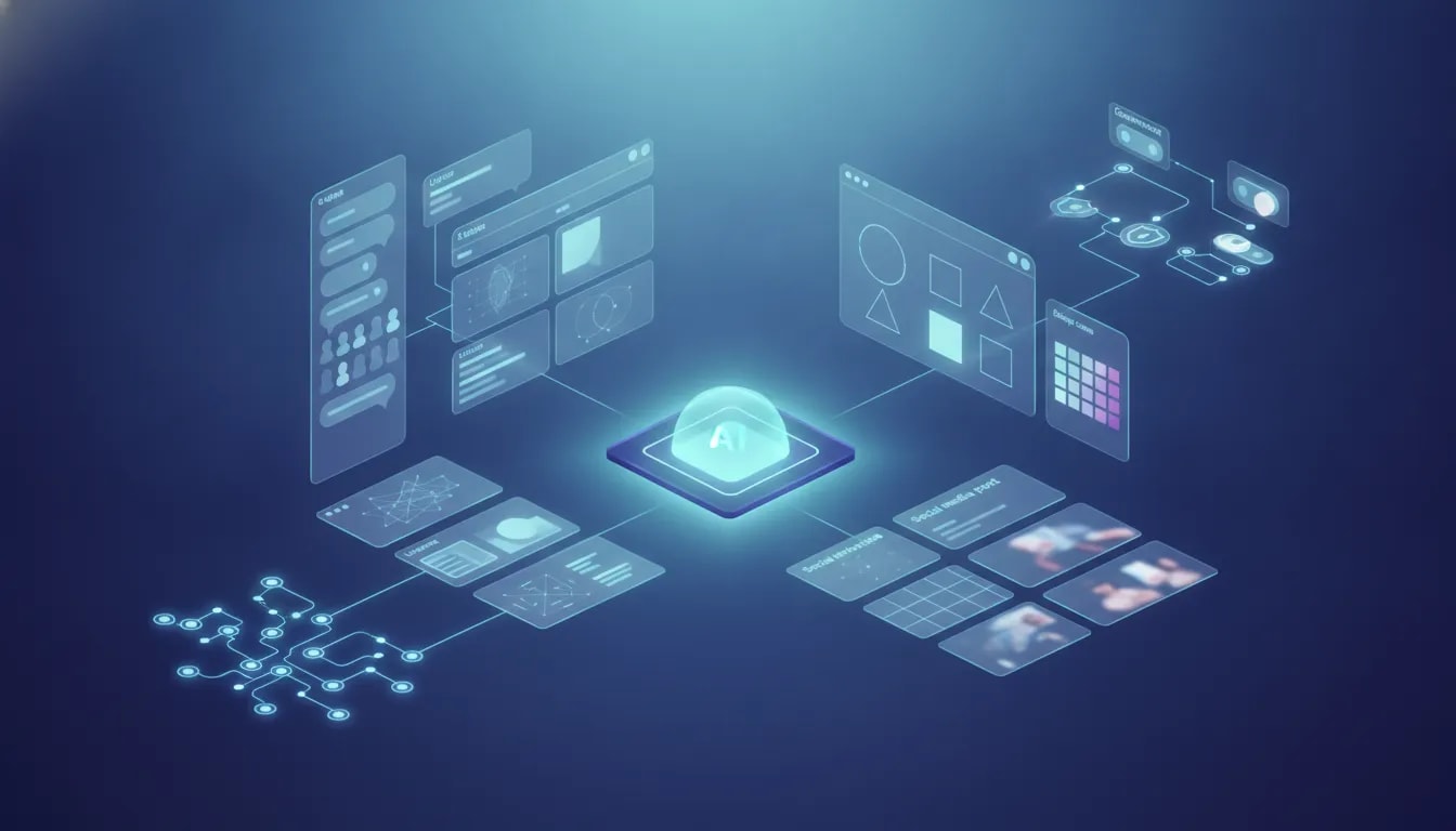 Wordless illustration showing an AI operating system concept with connected workflow tiles representing hidden Claude features like team collaboration, live artifacts, design tools, social content, usage controls, and organizational connectors.
