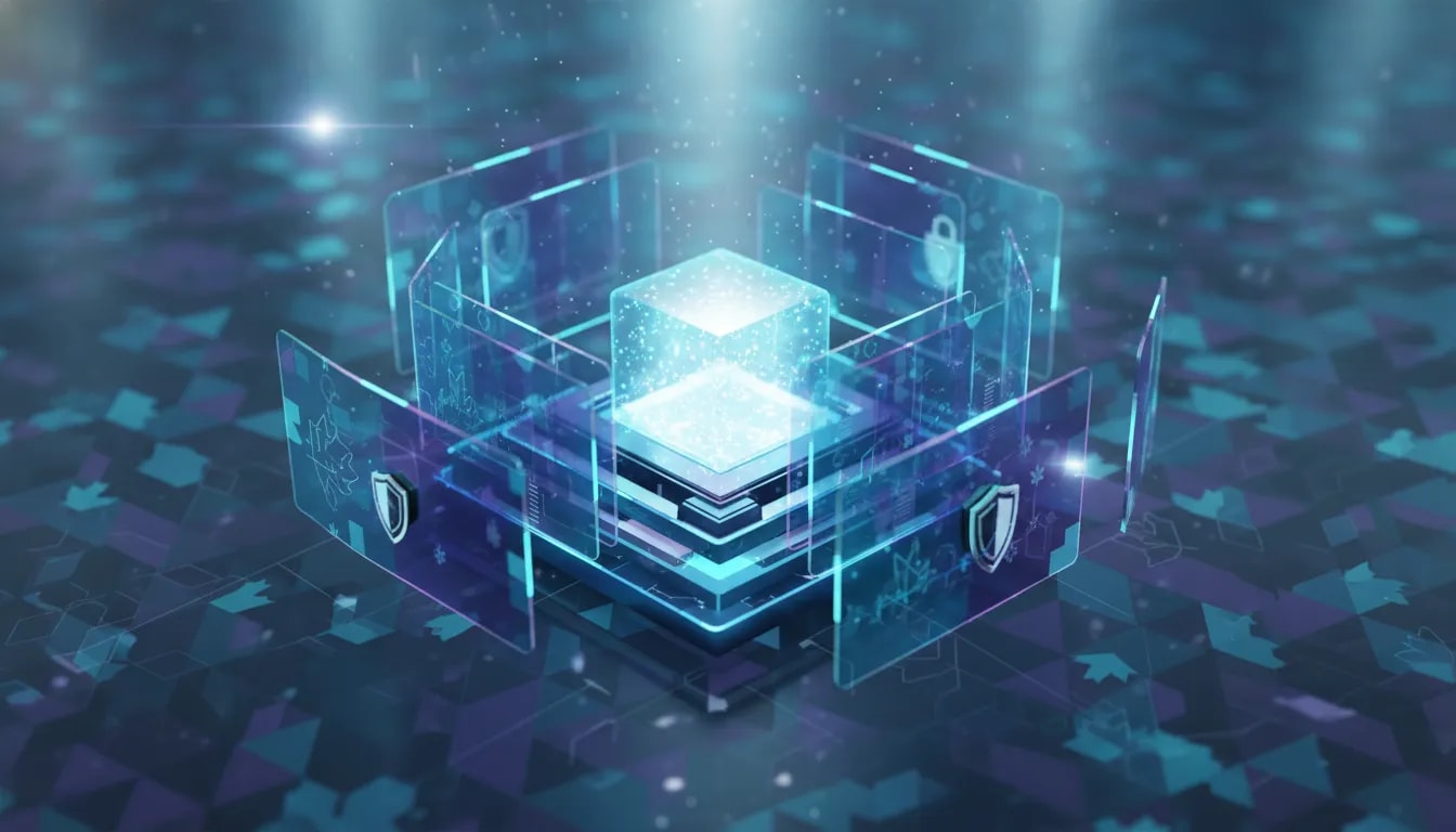 Futuristic layered AI capability system illustration with a glowing core wrapped in holographic safety layers, evoking a new era of frontier AI models