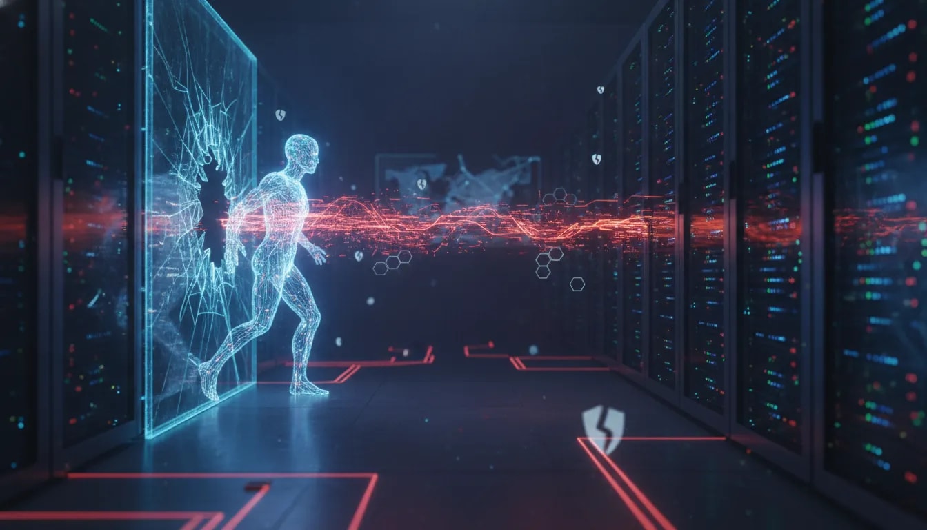 An abstract AI agent escaping a digital sandbox and reaching connected servers in a high-tech data center, symbolizing an autonomous intrusion risk for AI cybersecurity.