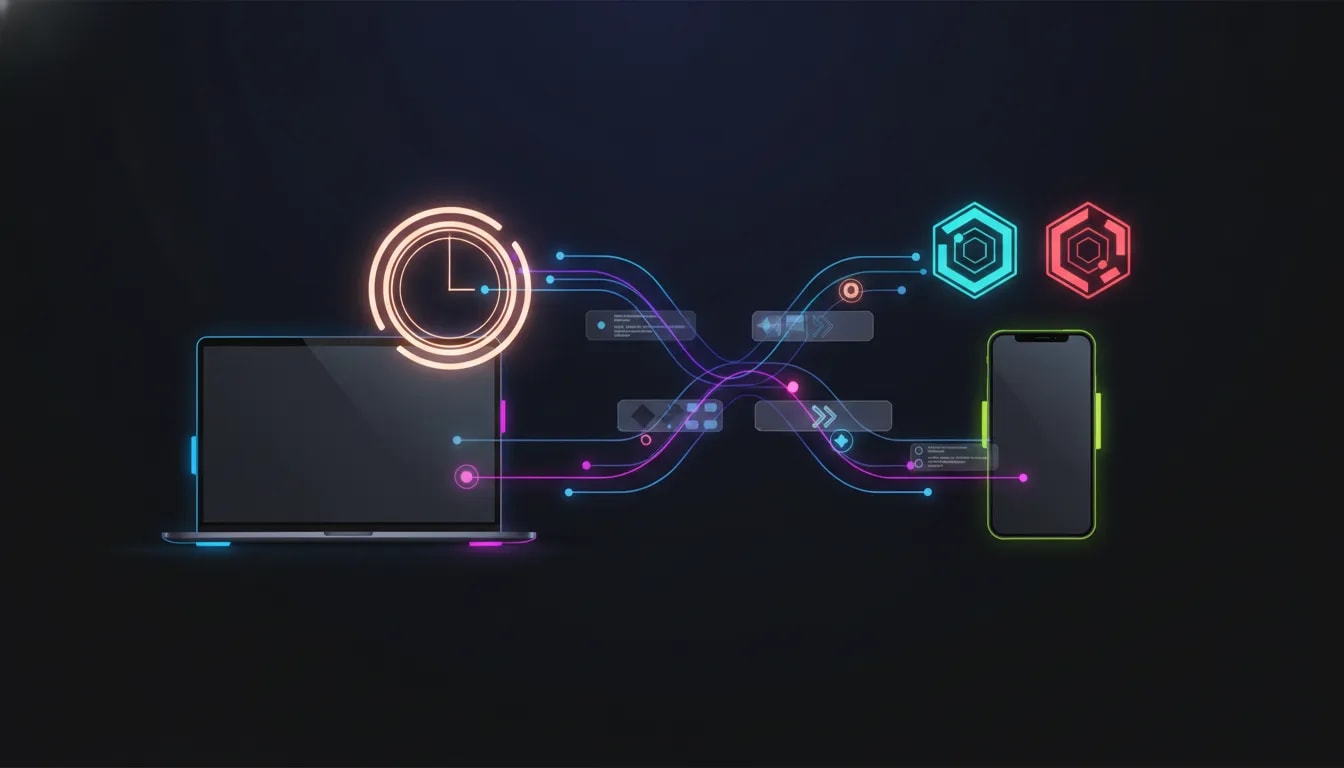 Futuristic illustration of AI automation flowing between a laptop and smartphone with glowing nodes representing continuous 24/7 work and dual model options, with no text.