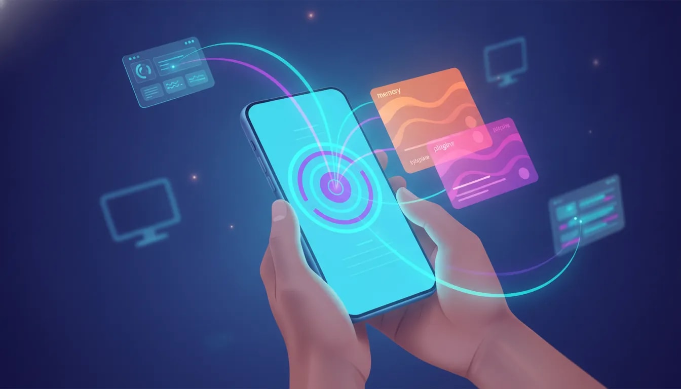 Illustration of a person creating AI automation recurring tasks from a smartphone with glowing connected networks and holographic workflow elements, no text.