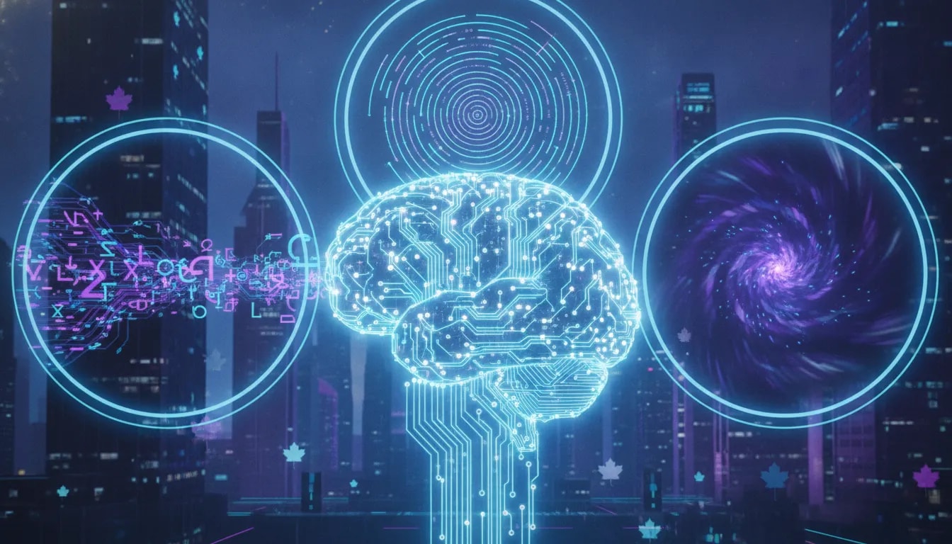 Surreal futuristic illustration of an AI breakthrough with glowing circuitry brain and three luminous portals representing rapid reasoning and benchmark-like patterns, in icy neon tones with no text.