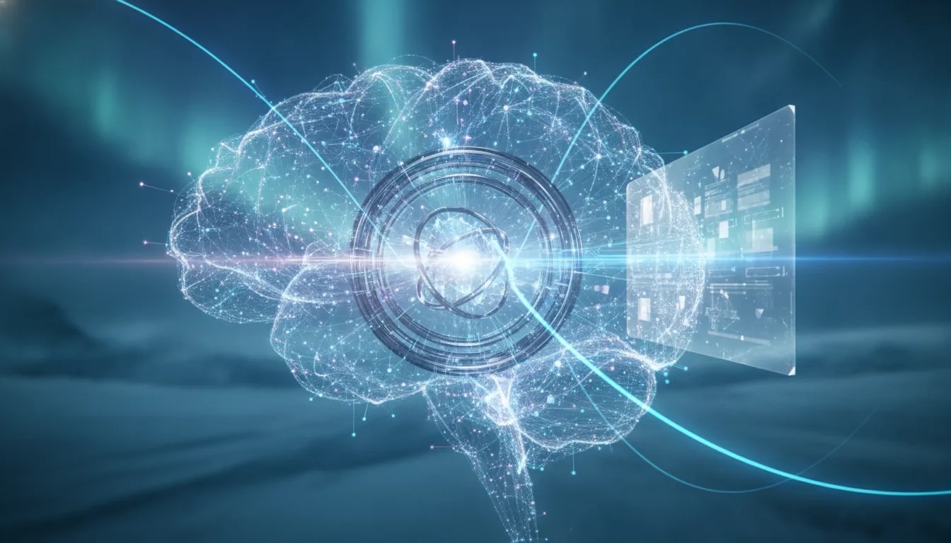 Futuristic holographic illustration showing an AI internal workspace concept with glowing nodes and connections, cinematic tech-magazine style, no text.