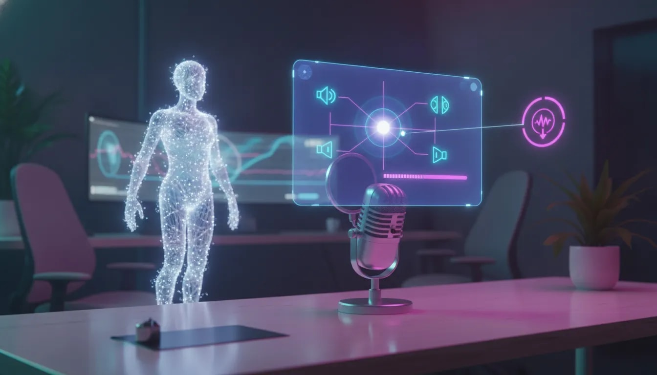 Futuristic wordless illustration of an AI podcast generator workflow with holographic prompt connections flowing to a microphone and audio waveform.